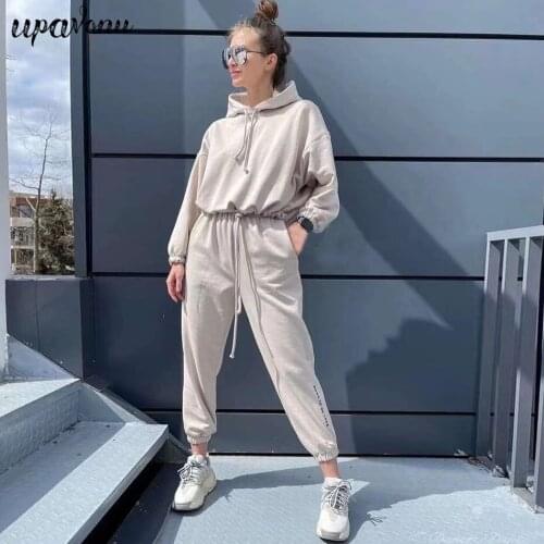 Free Shipping 2021 New Womens Loose Letter Sportswear Set Hooded Hoodie & Elastic Band Sports Pants Two-piece Casual Sportswear