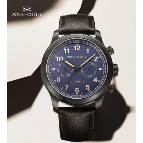 Seagull watch mens automatic mechanical watch pilot fashion sports multifunctional dual calendar display belt watch 6080