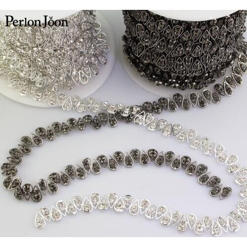 1 yard small droplets array rhinestone trim plating black silver flatback crystal decorative chain clothing accessories ML102