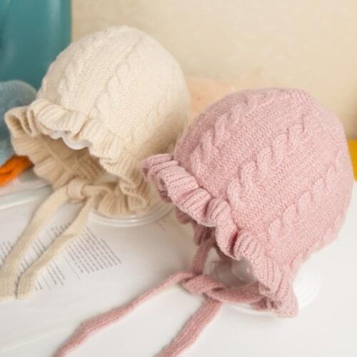 Infant Hat Winter Girl Baby Hooded Hat Autumn and Winter Ear Protection Warm Woolen Hat Lace Girls Knitted Hat