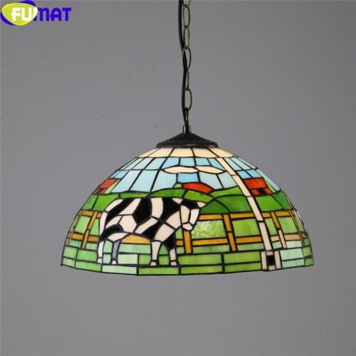 FUMAT Tiffany Antique Style Dragonfly Rose Cow Pendant Lamp Stained Glass Hanging Light Fixture Colorful Handcraft Home Art Deco