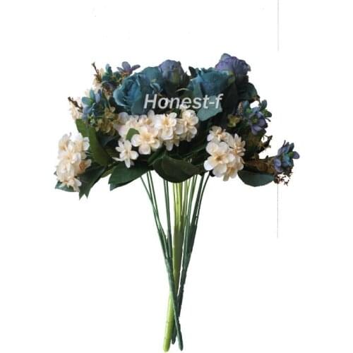 Artificial Multi-Coloured Rose Silk Flowers Bounquet Mixed Arrangement, Home Hotel Room Wedding Decoration(Blue And White)