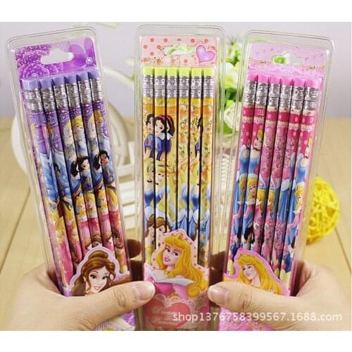 12pcs1 set of Disney Princess Unbreakable HB pencil student writing cartoon pencil with colored rubber head school supplies gift