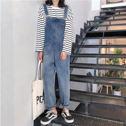 Jumpsuits Women Denim Solid Simple Chic Pockets Korean Style Trendy Strap Trousers Elegant Casual Female Jumpsuit Cute All-match