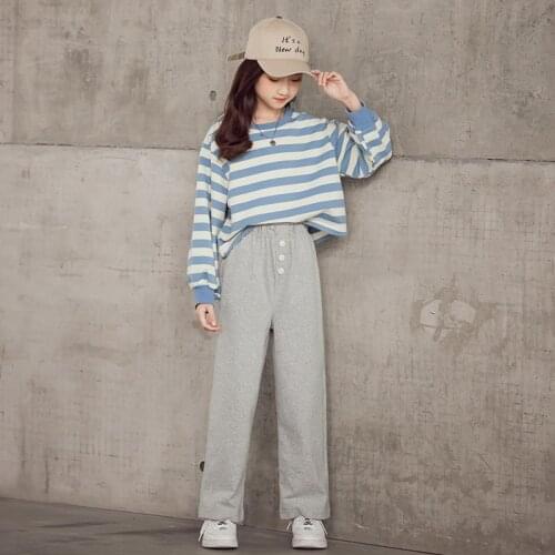Kids Girls Clothes Set Blue Striped Sweatshirt + Pants 2PCS Casual Clothing For Girls Spring Autumn Teenager Fashion Sportwear