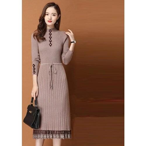 Lace Office Ladies Formal Dress Women 2020 Winter Elegant Slim Sashes Knitting Party Dress