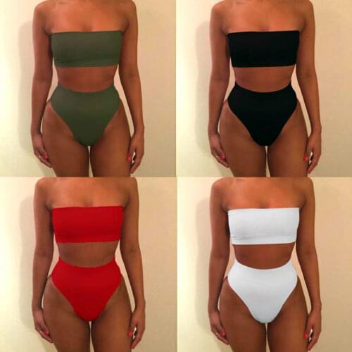 2018 High Waist Solid Sexy High Waist Bikini Bandeau Women Plus Size Swimwear Biquinis Feminino Swim Suit Bathing Beach Wear