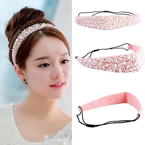 Fashion Ladys Faux Pearl Beads Crystal Headband Hairband Elastic Hair Head Band