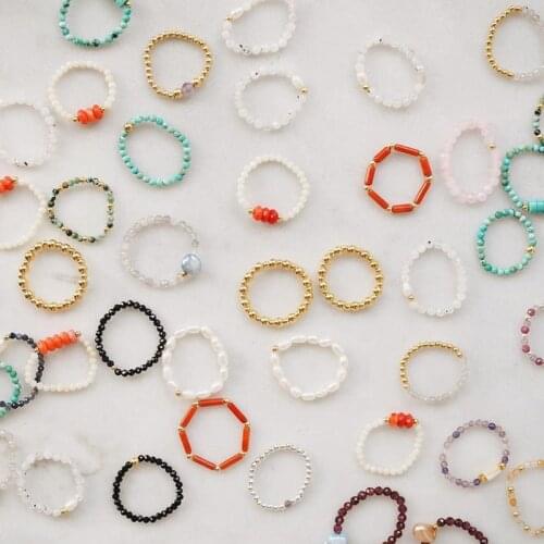 Momiji Natural Stone Beaded Rings Fashion Amethyst Tourmaline Pink Crystal Rings 3mm Bead Exquisite Rings for Women Gift