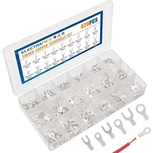 420pcs Cable Lug Set Crimp Connector Electrical Wire Connector Silver Plated Copper Ring Fork Cable Lugs M3 M4 M5 M6