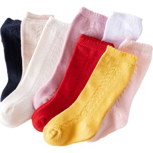 Baby Newborn Girls Knee Length Socks, Combed Cotton Solid Color Hollow Breathable Long Stockings