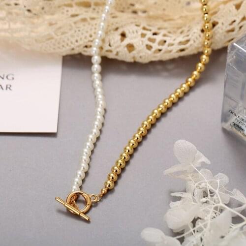 Trendy Simple Splice Necklaces Women Vintage Pearl Personality Chokers Fashion Asymmetric Metal Clavicle Chain Prom Accessories