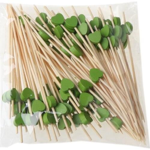 77JA 100Pcs 12cm Disposable Bamboo Heart Skewers Fruit Dessert Cake Sign Cocktail Picks Cute Food Sticks Buffet Cupcake Toppers