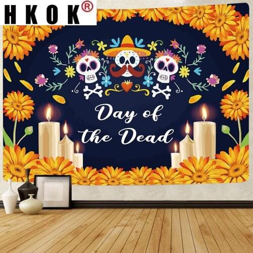 HKOK Psychedelic Tapestry Day of The Dead Backdrop for Mexican Fiesta Sugar Skull Wall Hanging Tapestries for Living Room Decor
