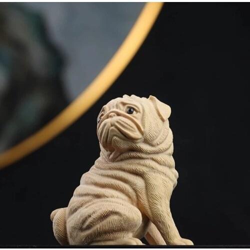 Boxwood 6cm Pug Dog Sculpture Wood Carving Puppy Animal Statue Lucky Dog Home Decor