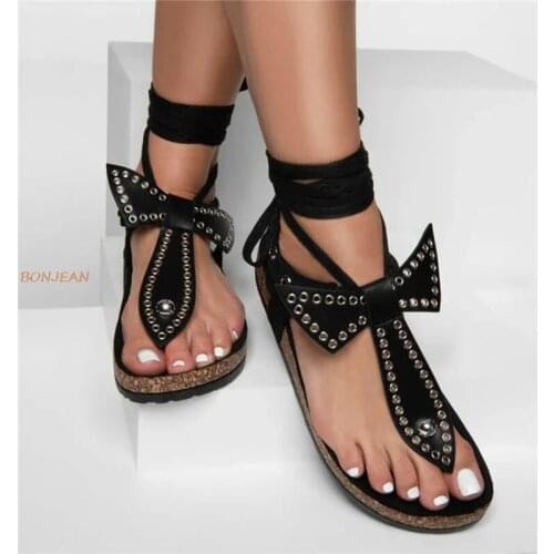 Women Summer Flat Sandals Shoes Woman PU Leather Bohemia Bow With Fashion Rivet Sandalias Big Size 34-43 Mujer Sapato Feminino
