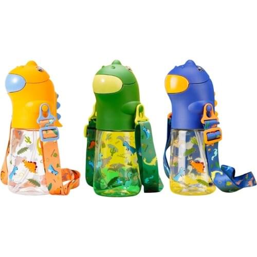 Y8AB 560ml Cartoon Dinosaur Kids Water Bottle with Straw Shoulder Strap School Kettle