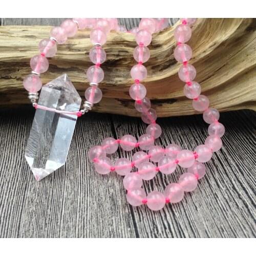 YA2621 Natural Clear Quartz Double Point Pendant Rose Pink Quartz 8mm Stone Beads Knot Necklace 30inch long