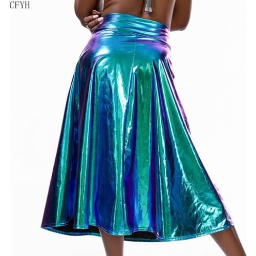 Women Shiny Holographic Midi Skirt High Waist A-Link Laser Metallic Long Skirts Summer Party Night Club Festival Outfits