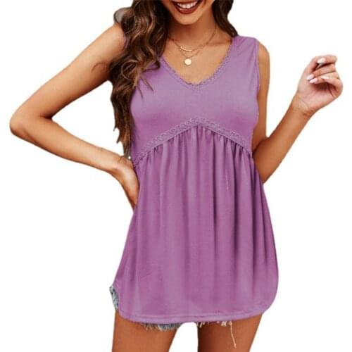 V-Neck Ladies Summer Shirt Solid Color Vest Sleeveless Fringed Top Stitching Lace High Quality T-Shirt