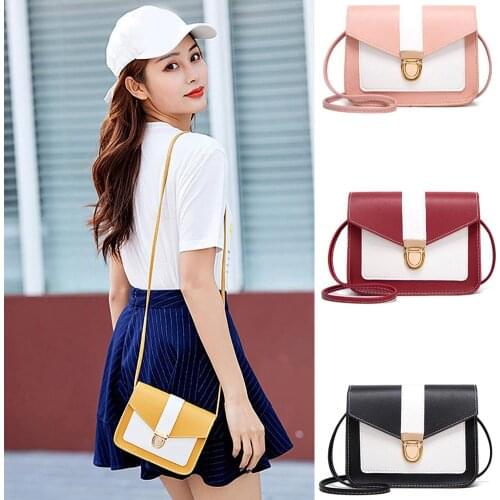 Women Fashion Contrast color Faux Leather Rectangular Color Block Crossbody Bag Shoulder Pouch Simple Bag