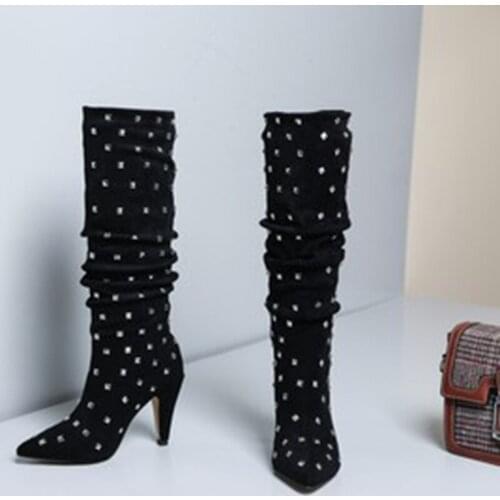 SUPER Women High Heel Thigh High Boots Studded Stiletto Long Tall Boots Shoes Woman Botines Mujer Larger Big Size 34-52