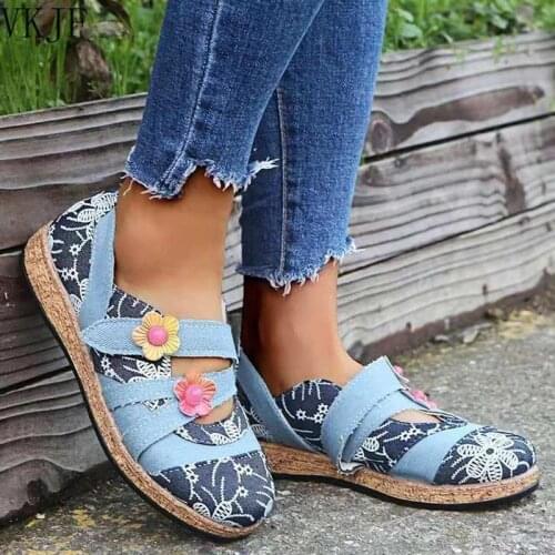 2021 Vintage Floral Genuine Leather Splicing Colored Stitching Hook Loop Flat Shoes Spring Summer Casual Women Flat Shoes New