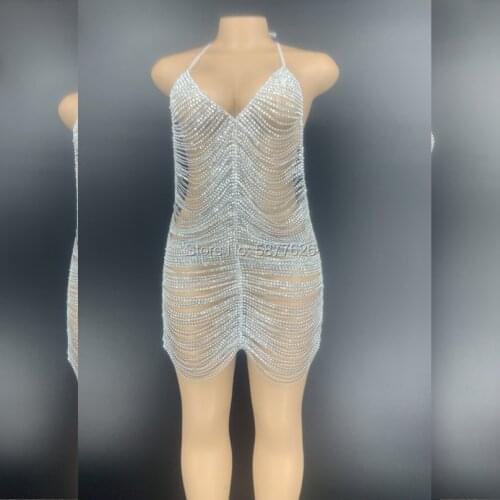 Chain dresses Sexy nightclub costume women singer stage show wear Rhinestones Chains Backless Short Dress
