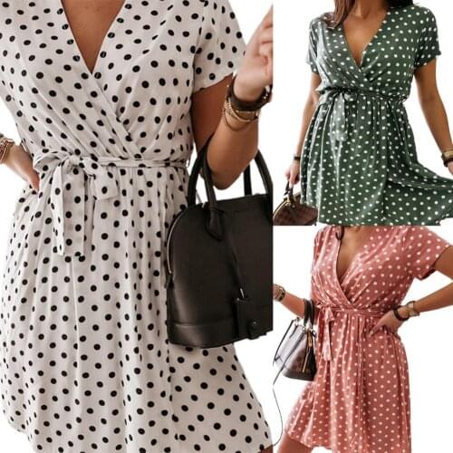 2021 Women Beach Dress Polka Dot Print Casual Short Sleeve V-Neck Comfortable to Wear Summer Dresses for Women Female Vestidos