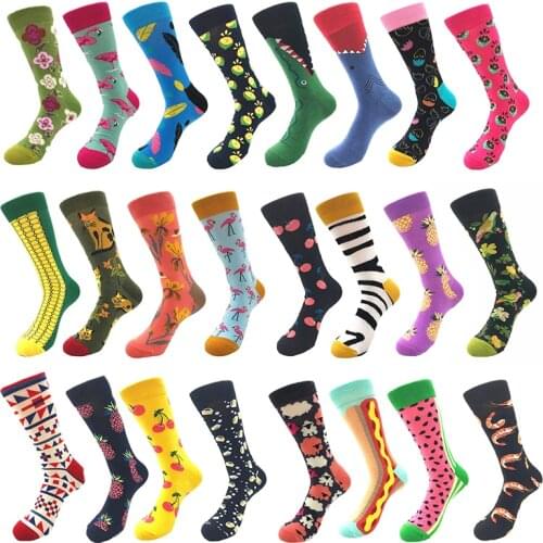 1 Pair Cycling Socks Men Sports Socks Combed Cotton Cartoon Animal Bird Shark Zebra Watermelon Shrimp Food Novelty Funny Socks