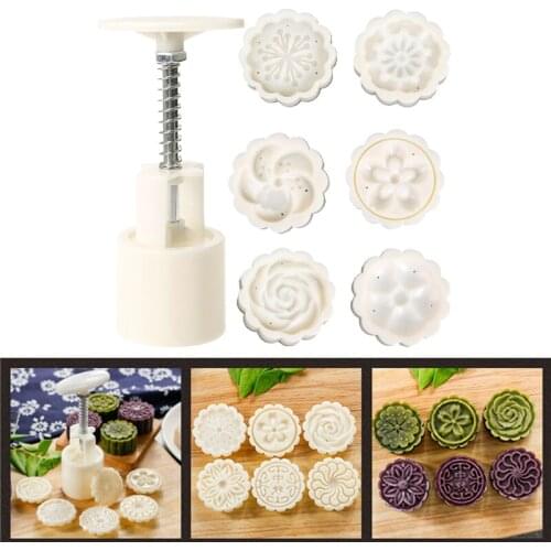 3D Rose Flower 6 Stamps Moon Cake Mould Decor Round Mooncake Mold Tool 50g DIY Bakeware Baking Accessories