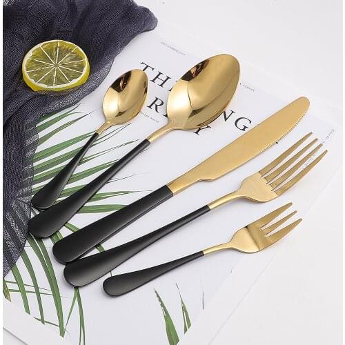 5Pcs Glossy Black Gold Stainless Steel Cutlery Tableware Set Dinnerware Flatware Set Dinner Forks Knives Spoons Set Silverware