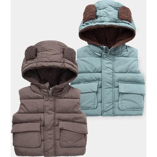 Boy Kids Warm Vest Autumn Winter Childrens Solid Cotton Pocket Waistcoat Casual Hooded Zipper Thicken Vest for Baby Boy 2-8 Y