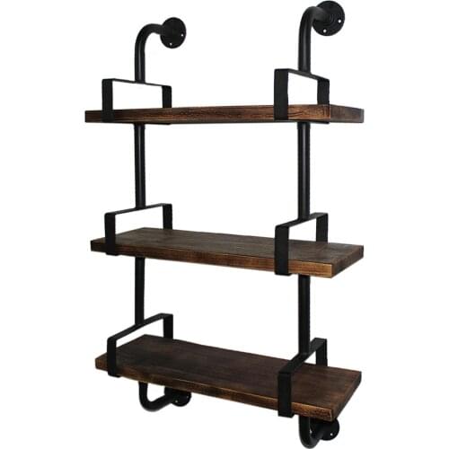 IKayaa 3-Tier Rustic Industrial Iron Pipe Wall Shelves Wood Planks DIY Ladder Bookcase Storage Floating Shelf for Kitchen Room