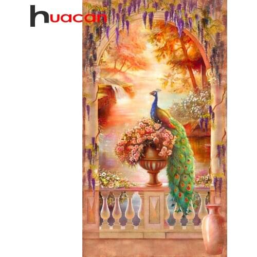 Huacan 5D Diamond Art Painting Full Square Mosaic Peacock Animal Diamond Beads Embroidery Cross Stitch Flower Vase Wall Picture