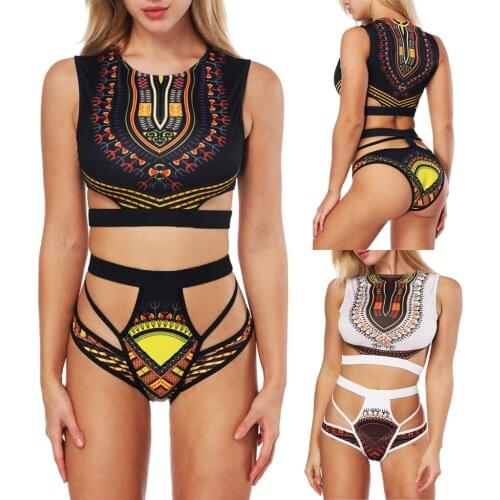 African Ethnic Solid Bikini Set Women Sexy Swimsuit Bikinis Summer Printed Tube Top Briefs Bikini Set Beach Swimwear
