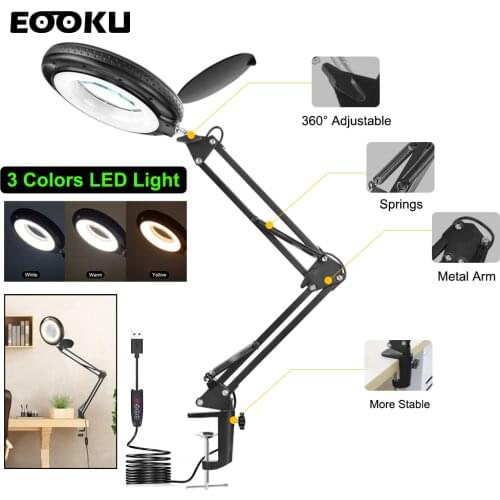 EOOKU 8W USB Table Lamp 5X Magnifier Desk Light Foldable 3-Color 10-Level Dimming With Dust Cover For Professional Reading