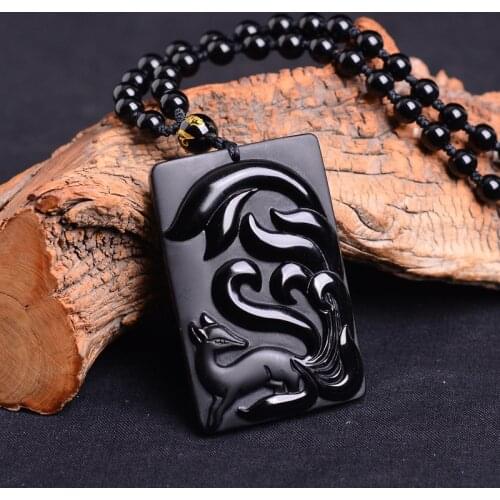 Jade Pendant Natural Obsidian Fox Pendant Necklace Jewelry Fine Jewelry Nine-tailed Fox Wangyuan Sweater chain Jewelry