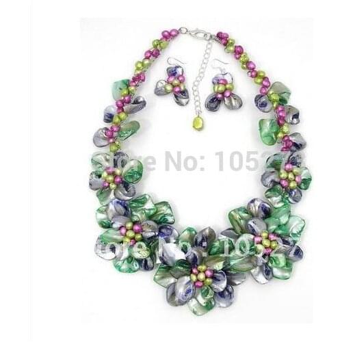 Colorful Mother OF Pearl Shell Freshwater Pearl Wired Flower Necklace /Earring Set 18'' inchs Wholesale New Free Shipping FN835