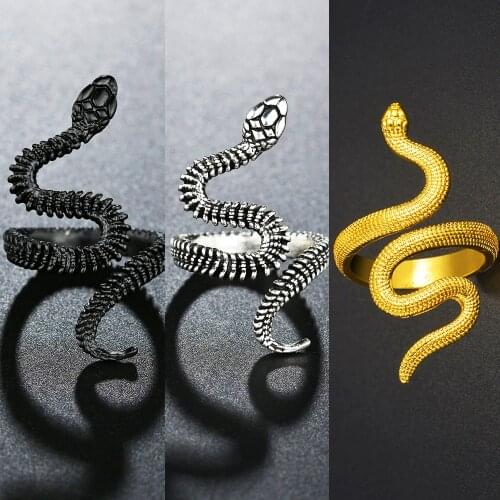 Retro Punk Exaggerated Spirit Snake Rings For Men Women Antique Siver Black Color Opening Adjustable Personality Stereoscopic Je