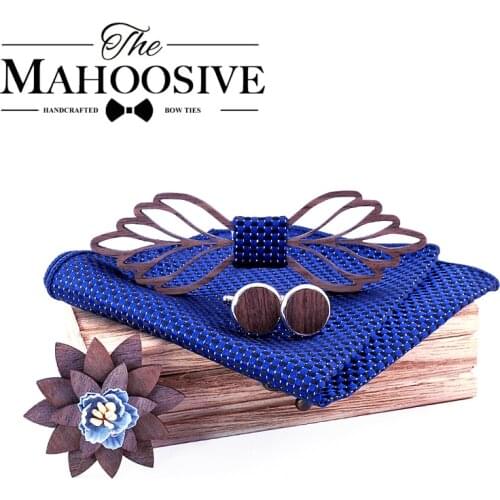 Romantic Hollow Wood Bow ties Bowtie with handkerchief Cufflinks For Men New Design Christmas gift set