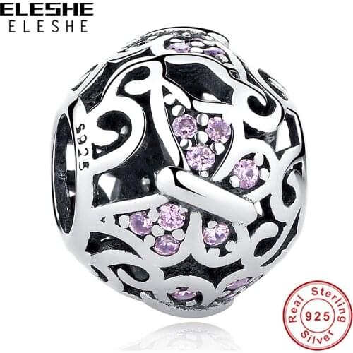ELESHE 925 Sterling Silver Pink CZ Charm Bead Fit Original Bracelet Bangle Simple Butterfly European Bead for Jewelry Making