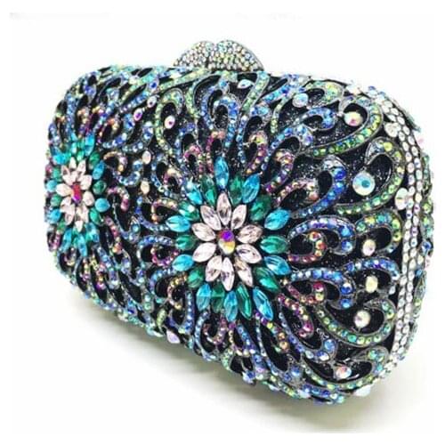 Blue Crystal Evening Party Metal Clutches Purse For Women Handbag Bridal Wedding Box Clutch Bag Chain Prom Shoulder Bag