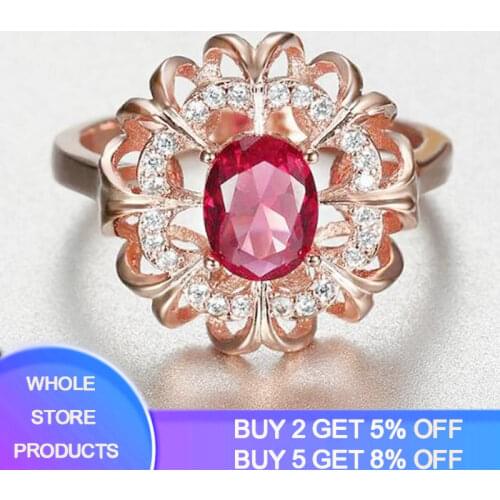 YANHUI Luxury 2.0ct Oval Red Crystal Engagement Rings for Women Rose Gold Color Wedding Rings Female Anel Jewelry Top Quality