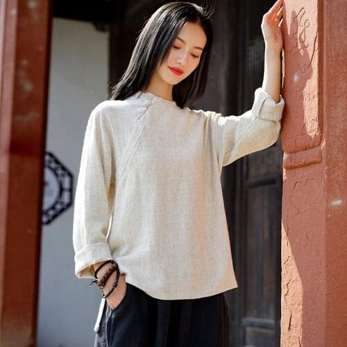 Autumn winter shirt 2020 new original Chinese style retro hand button linen top long sleeve standing collar womens T-Shirt