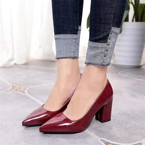 43 Big Size Women Block Heels Shoes for Women Patent Leather Shoes Woman Pointy Slip on Dress Wedding High Heels Sexy Fashion