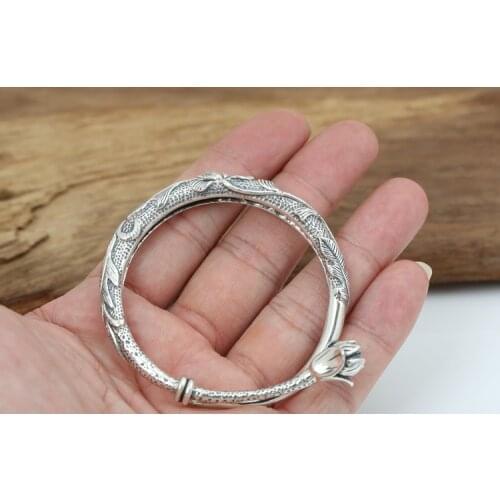 Solid 925 Sterling Silver Lotus flower Women Retro Cuff Bangle Bracelet jewelry A4604