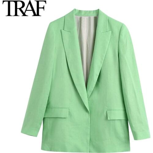 TRAF Za Womens Clothes 2021 Spring Autumn Office Lady Loose Green Jacket French Fashion Female Suit Blazer Coat