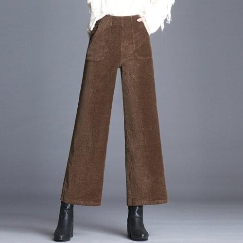 Winter Fall Casual Women Female Black Elastic High Waisted Wide Leg Ankle Length Pants , Corduroy 4xl Loose Trousers For Woman