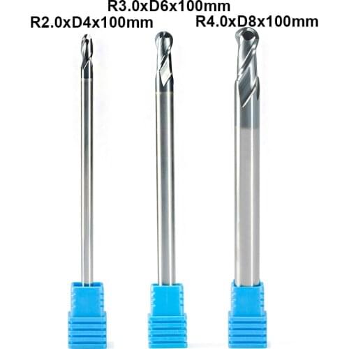 3pcs 2 flutes R2 R3 R4 Solid Carbide Ball Nose End Mills CNC Milling Cutter HRC55 Tungsten Steel Ball Nose End Mill 100mm Long